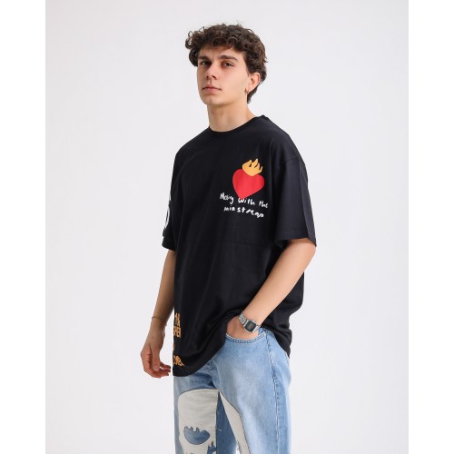 BSC Oversize Flame Heart Ön Arka Kol Baskılı Unisex T-Shirt - Siyah