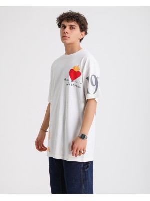 BSC Oversize Flame Heart Ön Arka Kol Baskılı Unisex Tişört - Beyaz