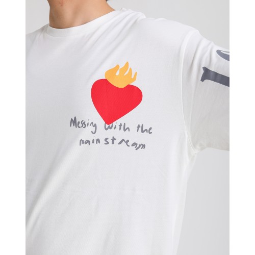 BSC Oversize Flame Heart Ön Arka Kol Baskılı Unisex Tişört - Beyaz