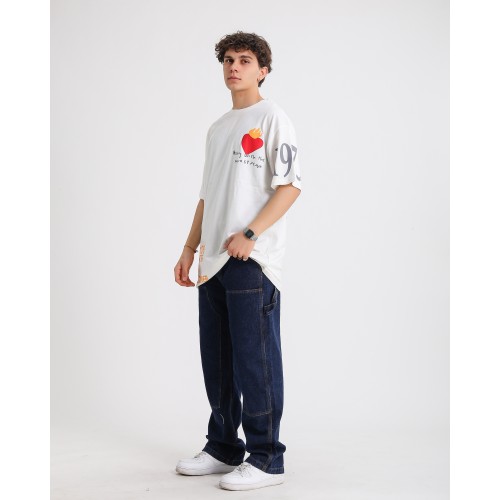 BSC Oversize Flame Heart Ön Arka Kol Baskılı Unisex Tişört - Beyaz