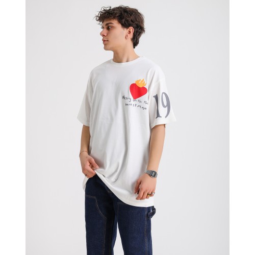 BSC Oversize Flame Heart Ön Arka Kol Baskılı Unisex Tişört - Beyaz