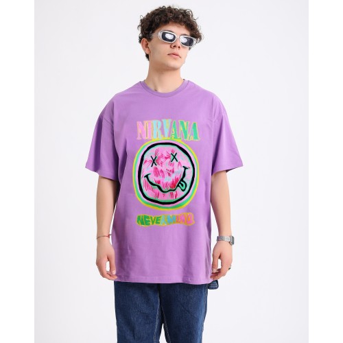 BSC Oversize Nirvana Nevermind Smiley  Baskılı Unisex T-Shirt - Mor