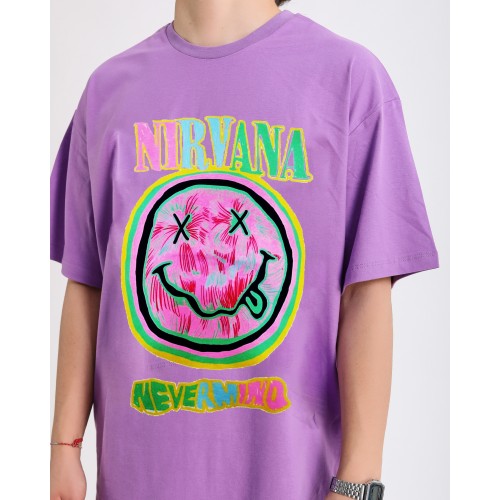 BSC Oversize Nirvana Nevermind Smiley  Baskılı Unisex T-Shirt - Mor