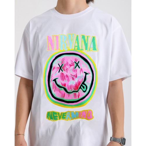 BSC Oversize Nirvana Nevermind Smiley  Baskılı Unisex T-Shirt - Beyaz