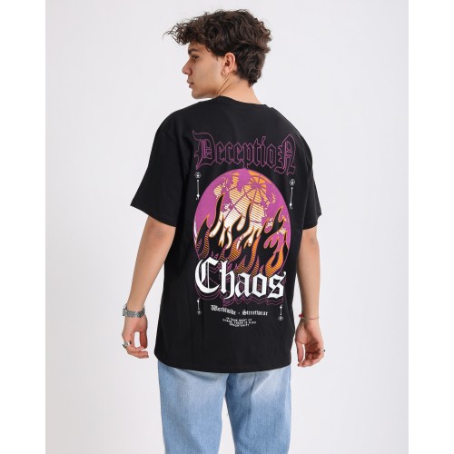BSC Oversize Worldwide Deception Chaos Baskılı Unisex Tişört - Siyah