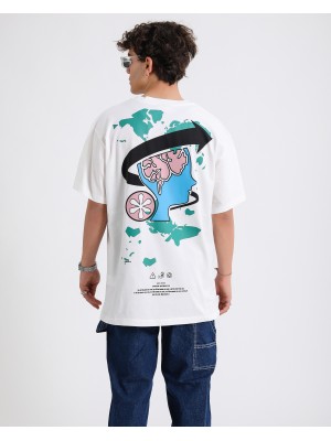 BSC Oversize World Map Brain Peace Ön Arka Baskılı Unisex Tişört - Beyaz