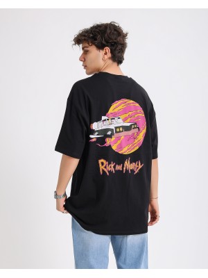 BSC Oversize Rick and Morty Space Car Ön Arka Baskılı Unisex Tişört - Siyah