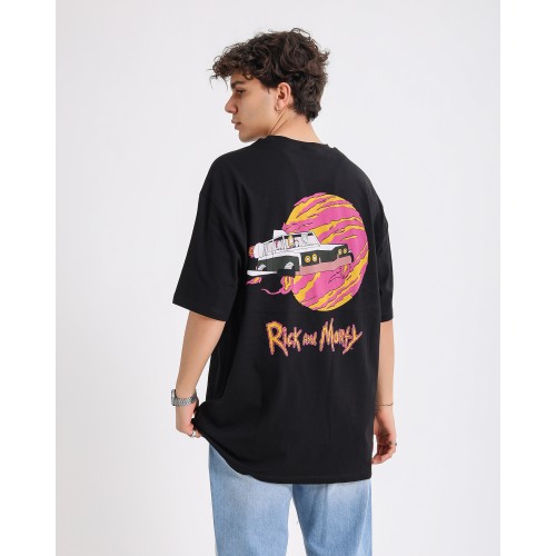 BSC Oversize Rick and Morty Space Car Ön Arka Baskılı Unisex Tişört - Siyah