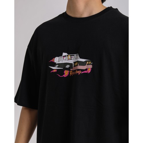 BSC Oversize Rick and Morty Space Car Ön Arka Baskılı Unisex Tişört - Siyah