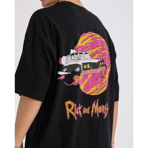 BSC Oversize Rick and Morty Space Car Ön Arka Baskılı Unisex Tişört - Siyah