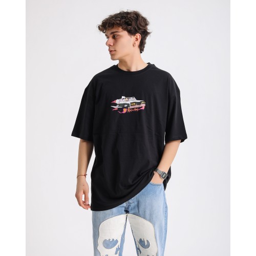 BSC Oversize Rick and Morty Space Car Ön Arka Baskılı Unisex Tişört - Siyah