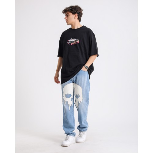 BSC Oversize Rick and Morty Space Car Ön Arka Baskılı Unisex Tişört - Siyah