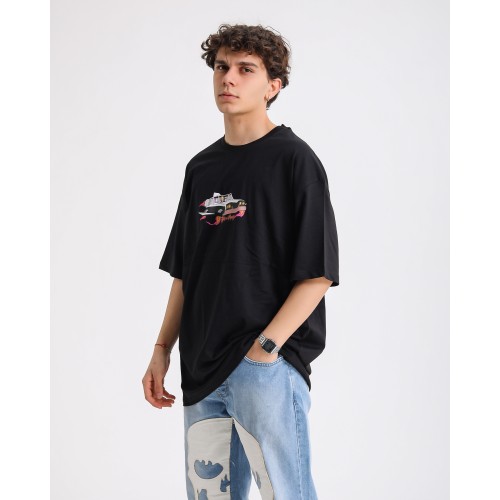 BSC Oversize Rick and Morty Space Car Ön Arka Baskılı Unisex Tişört - Siyah