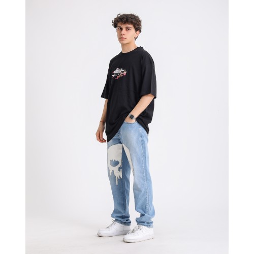 BSC Oversize Rick and Morty Space Car Ön Arka Baskılı Unisex Tişört - Siyah