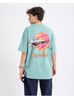 BSC Oversize Rick and Morty Space Car Ön Arka Baskılı Unisex Tişört - Mint