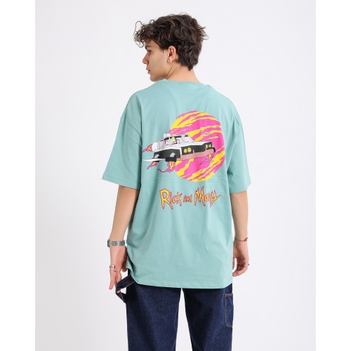 BSC Oversize Rick and Morty Space Car Ön Arka Baskılı Unisex Tişört - Mint