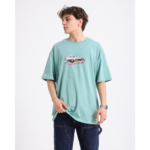 BSC Oversize Rick and Morty Space Car Ön Arka Baskılı Unisex Tişört - Mint