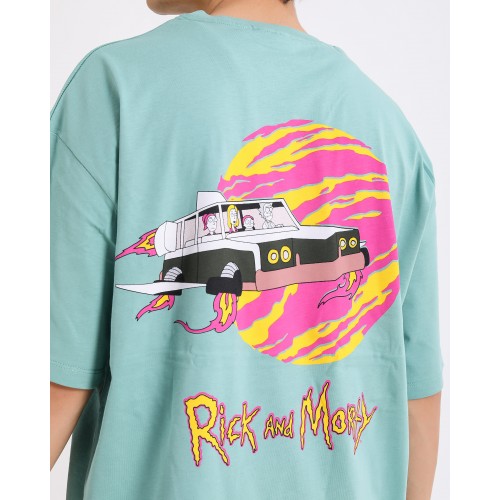 BSC Oversize Rick and Morty Space Car Ön Arka Baskılı Unisex Tişört - Mint