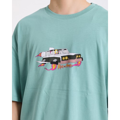 BSC Oversize Rick and Morty Space Car Ön Arka Baskılı Unisex Tişört - Mint