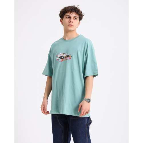 BSC Oversize Rick and Morty Space Car Ön Arka Baskılı Unisex Tişört - Mint