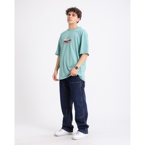 BSC Oversize Rick and Morty Space Car Ön Arka Baskılı Unisex Tişört - Mint