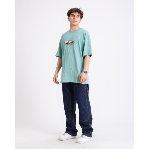 BSC Oversize Rick and Morty Space Car Ön Arka Baskılı Unisex Tişört - Mint
