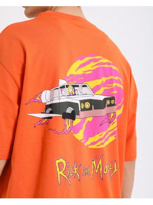 BSC Oversize Rick and Morty Space Car Ön Arka Baskılı Unisex Tişört- Turuncu