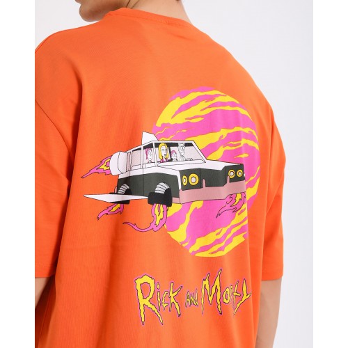 BSC Oversize Rick and Morty Space Car Ön Arka Baskılı Unisex Tişört- Turuncu