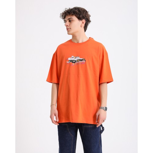 BSC Oversize Rick and Morty Space Car Ön Arka Baskılı Unisex Tişört- Turuncu