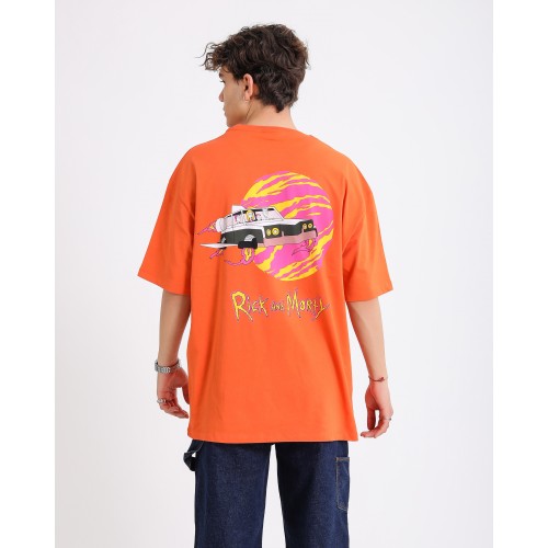 BSC Oversize Rick and Morty Space Car Ön Arka Baskılı Unisex Tişört- Turuncu