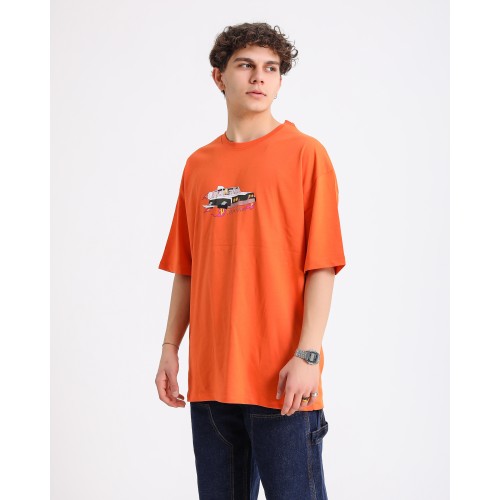 BSC Oversize Rick and Morty Space Car Ön Arka Baskılı Unisex Tişört- Turuncu