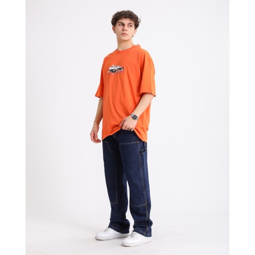 BSC Oversize Rick and Morty Space Car Ön Arka Baskılı Unisex Tişört- Turuncu