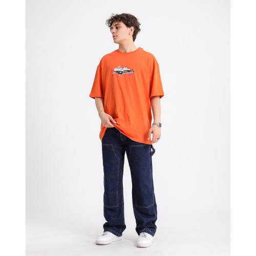 BSC Oversize Rick and Morty Space Car Ön Arka Baskılı Unisex Tişört- Turuncu