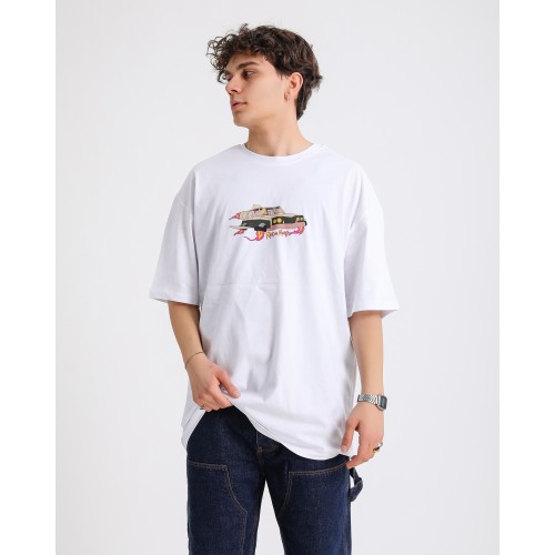 BSC Oversize Rick and Morty Space Car Ön Arka Baskılı Unisex Tişört- Beyaz