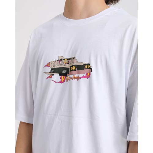 BSC Oversize Rick and Morty Space Car Ön Arka Baskılı Unisex Tişört- Beyaz