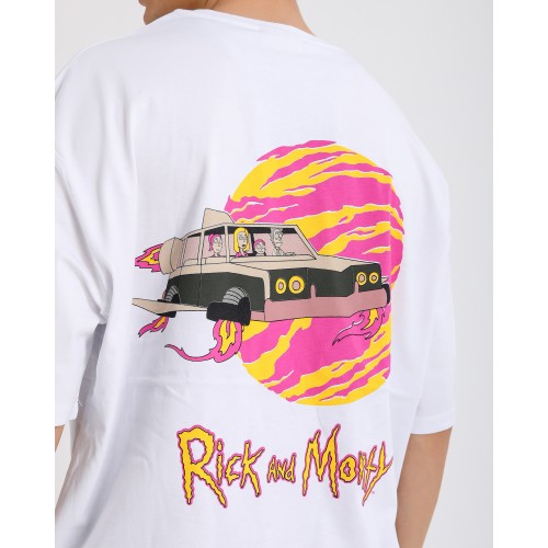 BSC Oversize Rick and Morty Space Car Ön Arka Baskılı Unisex Tişört- Beyaz