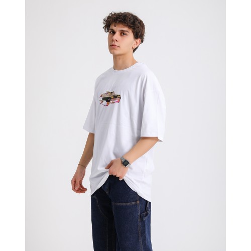 BSC Oversize Rick and Morty Space Car Ön Arka Baskılı Unisex Tişört- Beyaz