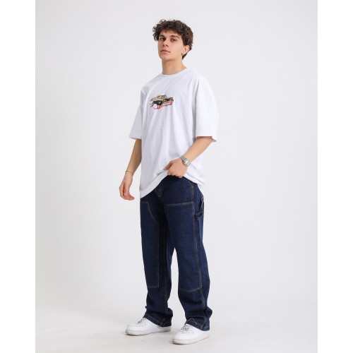BSC Oversize Rick and Morty Space Car Ön Arka Baskılı Unisex Tişört- Beyaz