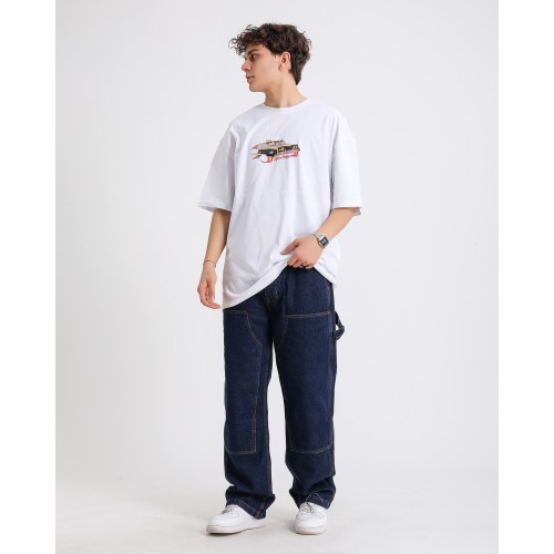 BSC Oversize Rick and Morty Space Car Ön Arka Baskılı Unisex Tişört- Beyaz