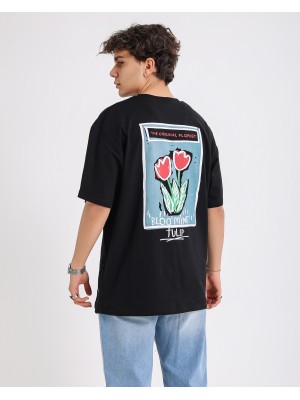 BSC Oversize Blooming Tulip Ön Arka Baskılı Unisex Tişört- Siyah