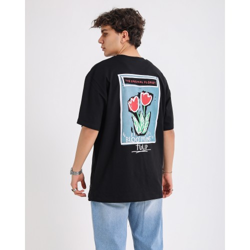 BSC Oversize Blooming Tulip Ön Arka Baskılı Unisex Tişört- Siyah