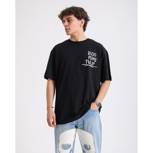 BSC Oversize Blooming Tulip Ön Arka Baskılı Unisex Tişört- Siyah