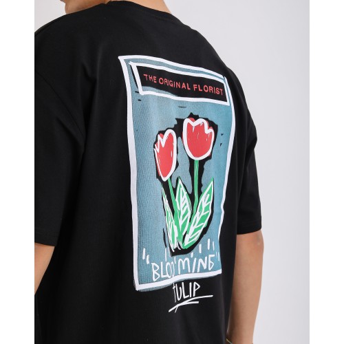 BSC Oversize Blooming Tulip Ön Arka Baskılı Unisex Tişört- Siyah