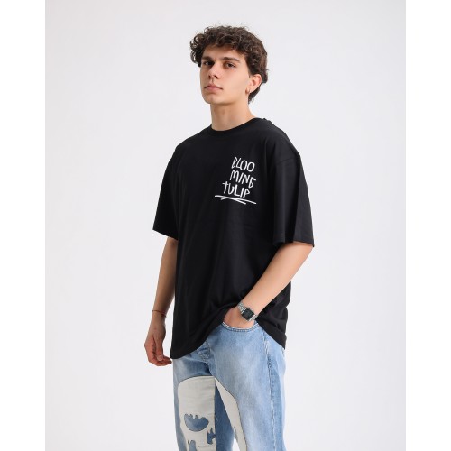 BSC Oversize Blooming Tulip Ön Arka Baskılı Unisex Tişört- Siyah