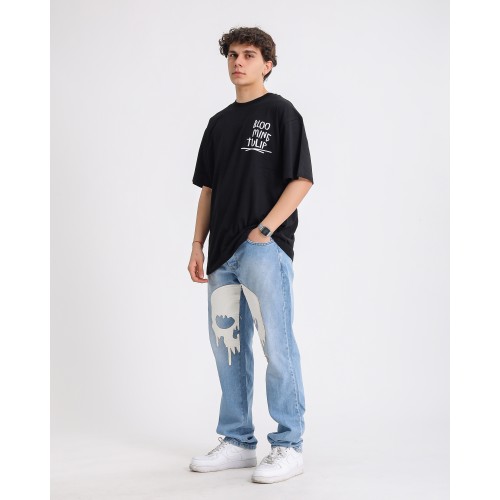 BSC Oversize Blooming Tulip Ön Arka Baskılı Unisex Tişört- Siyah