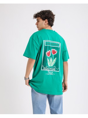 BSC Oversize Blooming Tulip Ön Arka Baskılı Unisex Tişört - Yeşil