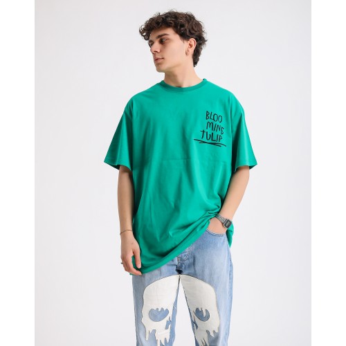 BSC Oversize Blooming Tulip Ön Arka Baskılı Unisex Tişört - Yeşil