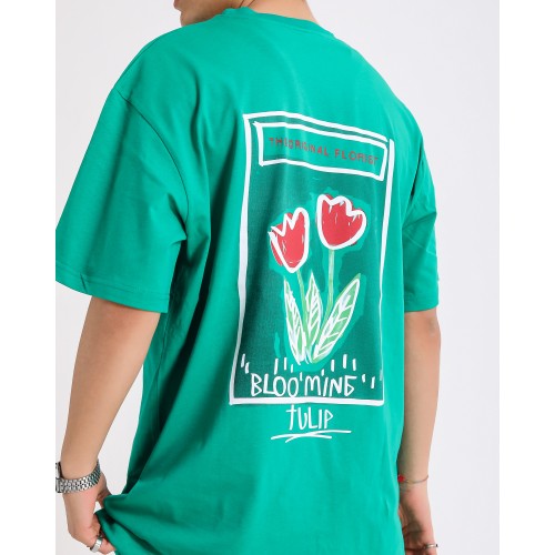BSC Oversize Blooming Tulip Ön Arka Baskılı Unisex Tişört - Yeşil