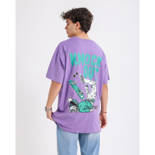 BSC Oversize Knock Out Skater Baskılı Unisex Tişört - Mor