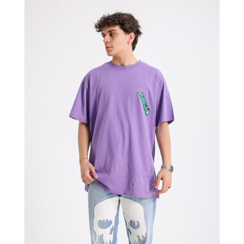 BSC Oversize Knock Out Skater Baskılı Unisex Tişört - Mor
